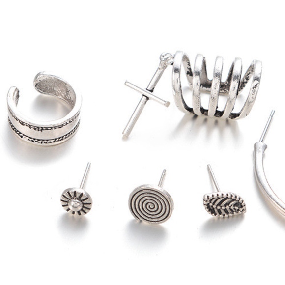 Boho Leaf Circle Cross Wrap Ear Cuff Stud Earrings - Picture 2 of 5